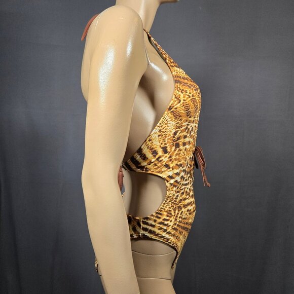 Y2K One Piece high Cut Leopard Print Swimsuit Womens Size S Deep V Lace Up - Picture 8 of 11